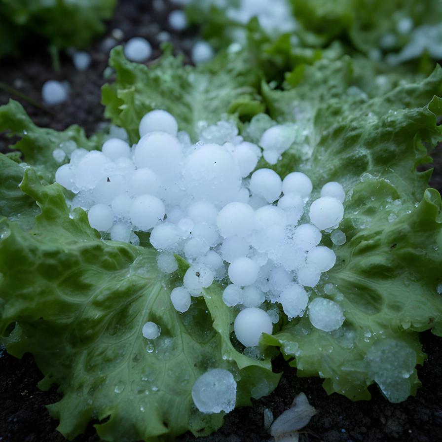 Hagelkörner liegen auf Salatblättern in einem Gemüsegarten der Weststeiermark