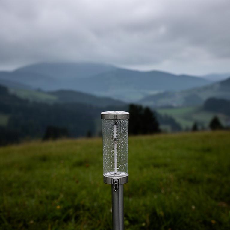 Regenmesser auf einer Wiese bei Deutschlandsberg, dahinter bewölkte Hügel der Weststeiermark