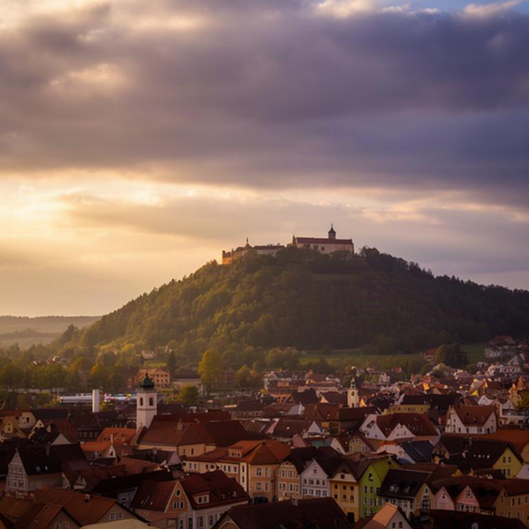Abendlicht fällt auf die Dächer von Deutschlandsberg, am Himmel stehen hohe Wolken über dem Schlossberg