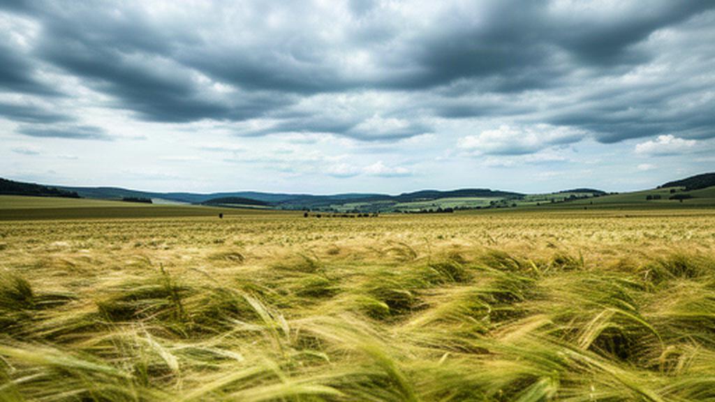 Vom Wind bewegtes Gras auf einem offenen Feld unter rasch ziehenden Wolken in der Steiermark