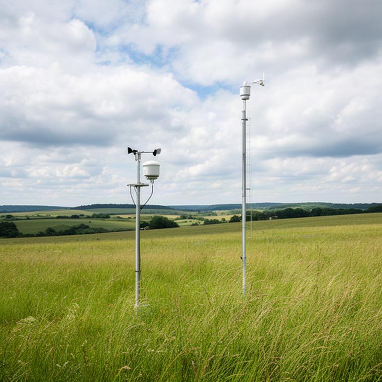 Wetterstation mit Messgeräten auf einer offenen Wiese bei wechselnder Bewölkung