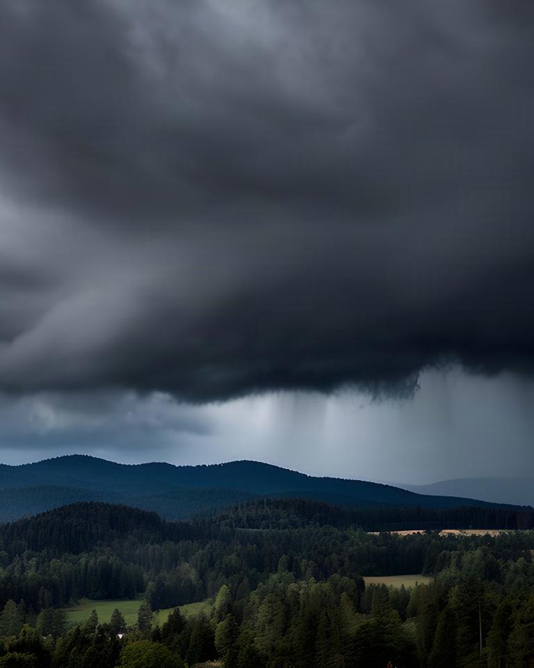 Dunkle Gewitterwolken ziehen über bewaldete Hügel im Bezirk Deutschlandsberg