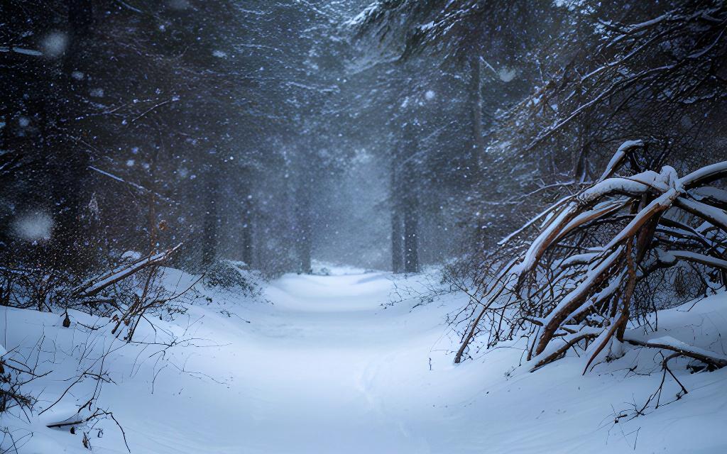 Schneefall bedeckt einen Waldweg und die Äste der umliegenden Bäume