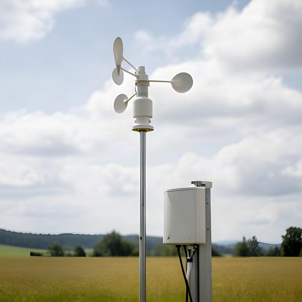 Windmesser auf einem Mast neben einer Wetterstation unter hellem Wolkenhimmel
