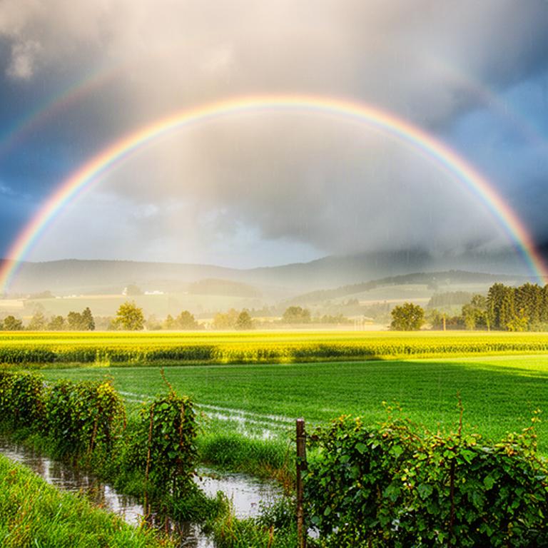 Regenbogen steht nach einem Schauer über den Feldern der Steiermark