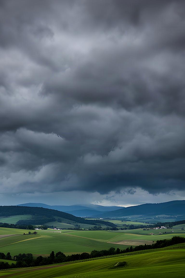 Dichte Wolken ziehen über ein grünes Hügelland bei Deutschlandsberg