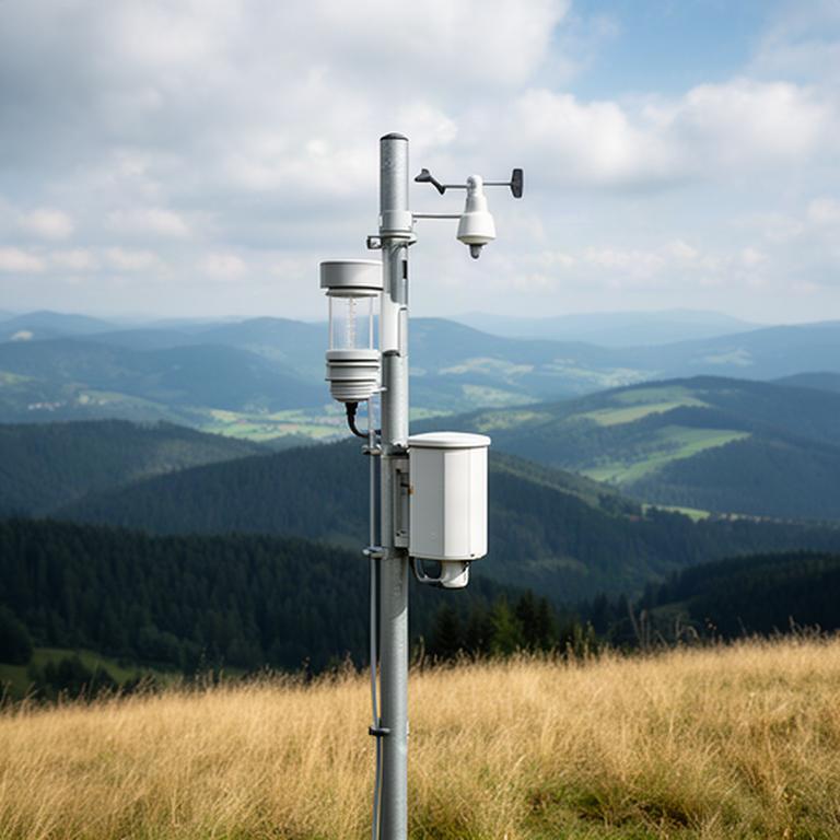 Wetterstation auf einer freien Anhöhe mit Blick auf die bewaldeten Höhen der Weststeiermark