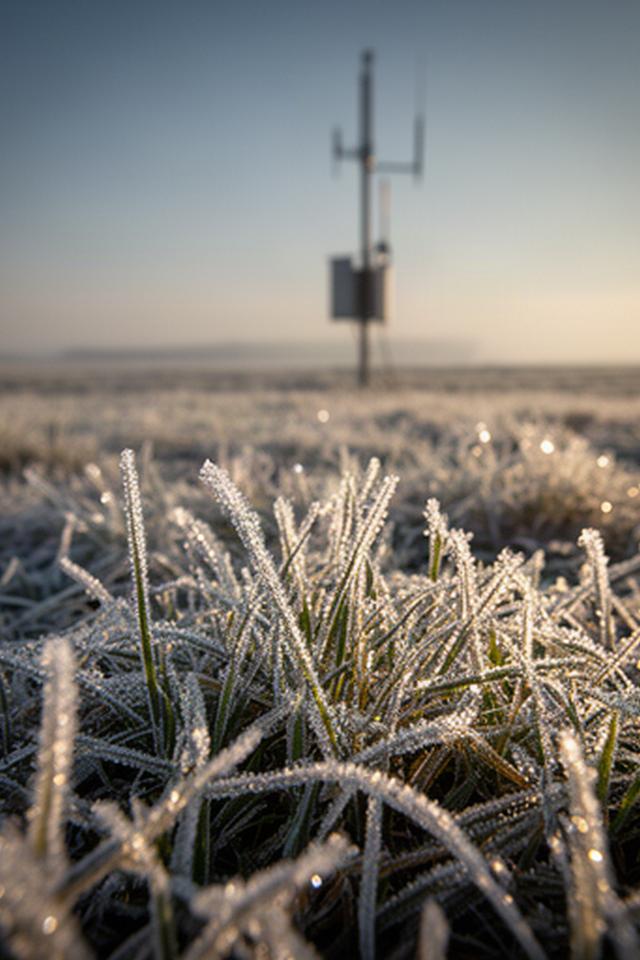 Reif bedeckt eine Wiese neben einem meteorologischen Messmast am frühen Morgen