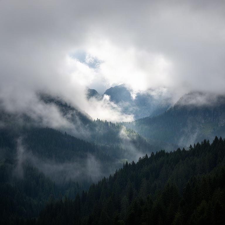 Wolkenfetzen hängen an den bewaldeten Höhen der Gleinalm, zwischen den Wolken öffnen sich helle Stellen
