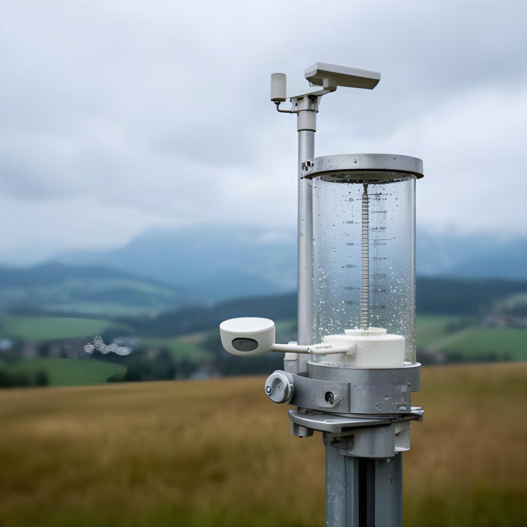 Regenmesser an einer Wetterstation vor bewölktem Himmel in der Steiermark