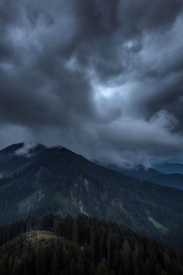 Dunkle Regenwolken ziehen über einen bewaldeten Höhenzug der Steiermark