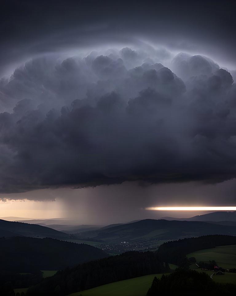 Gewitterwolke über den Hügeln der Weststeiermark mit einem schmalen Lichtstreifen am Horizont