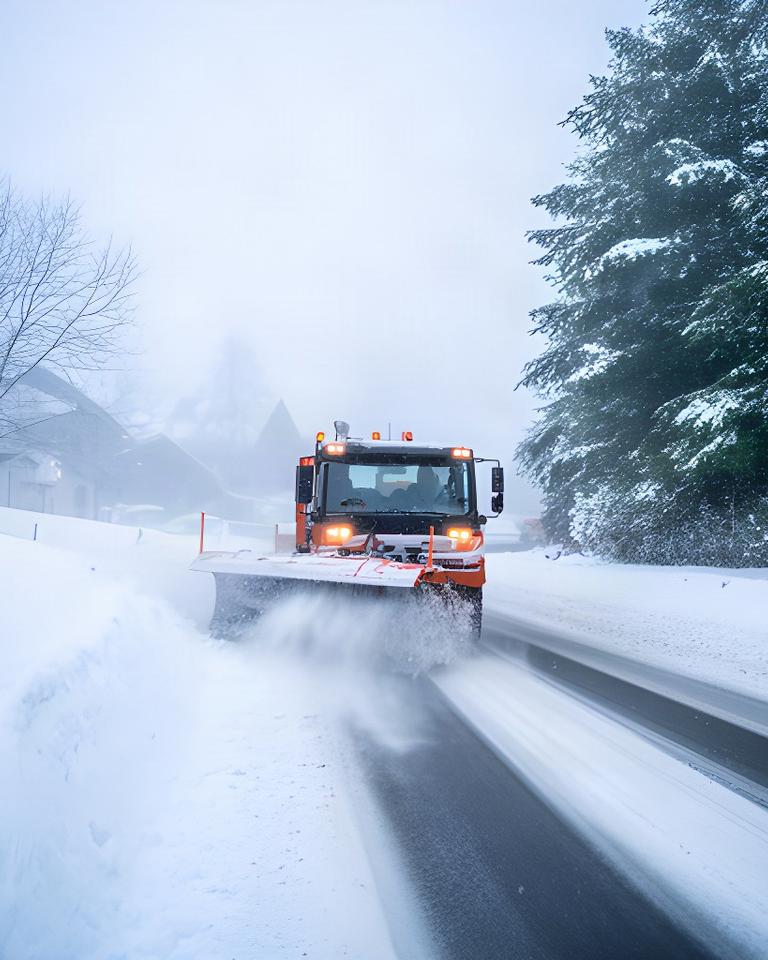 Räumfahrzeug hält eine verschneite Straße in einer steirischen Gemeinde befahrbar