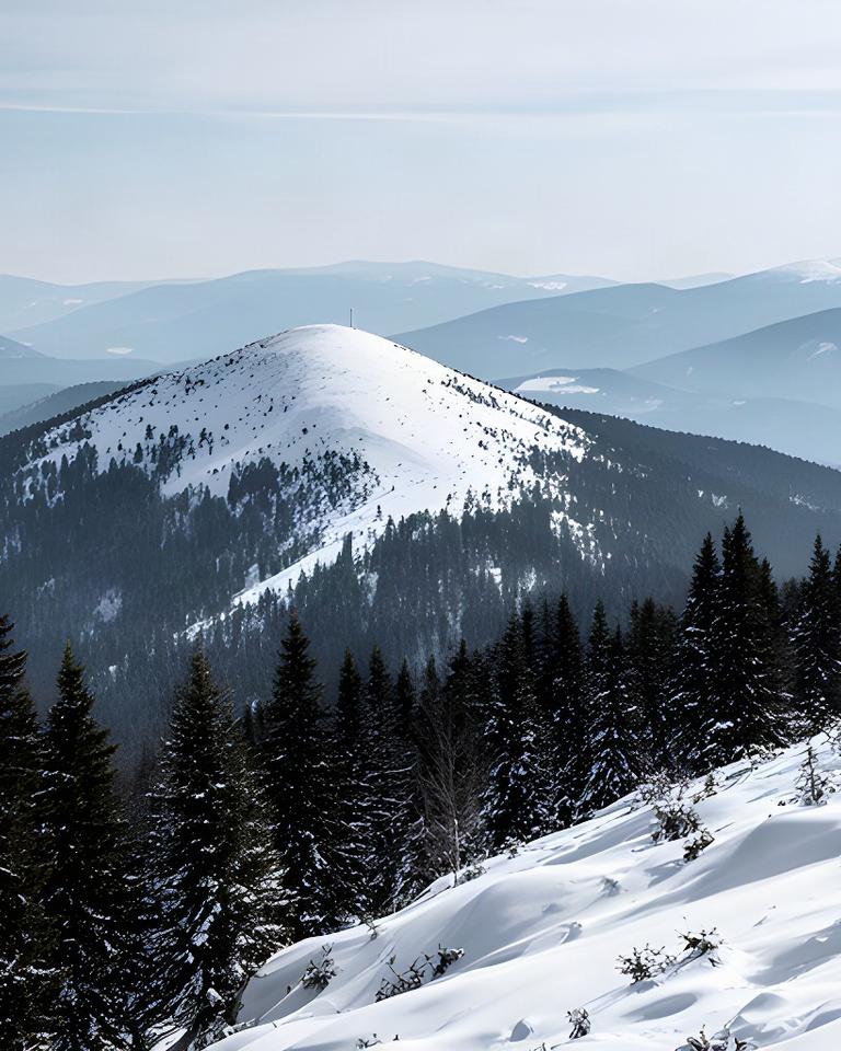 Frischer Neuschnee liegt auf einem Höhenrücken der Koralpe, im Vordergrund stehen dunkle Nadelbäume