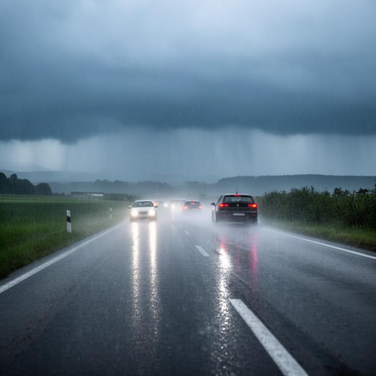 Nasse steirische Straße mit Fahrzeugen und Regenschauern in der Ferne