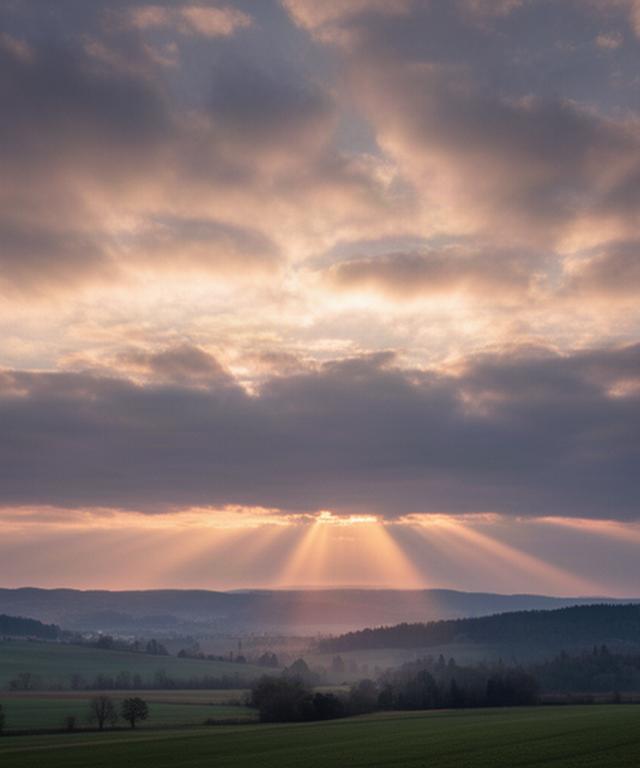 Erste Sonnenstrahlen brechen durch Wolken über einer ländlichen Landschaft in der Steiermark