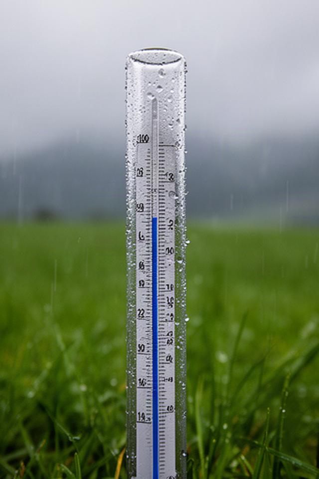 Regenmesser auf einer begrünten Fläche, Regentropfen und grauer Himmel in der Weststeiermark