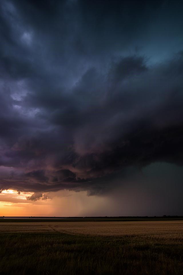 Dunkle Gewitterwolken über einem Feld, während am Horizont noch helles Abendlicht liegt