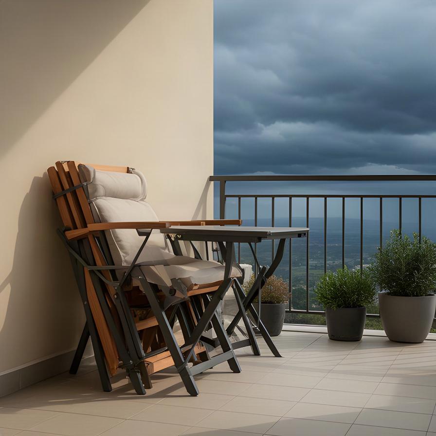 Balkonmöbel sind vor einem Sturm auf einer Terrasse sicher verstaut