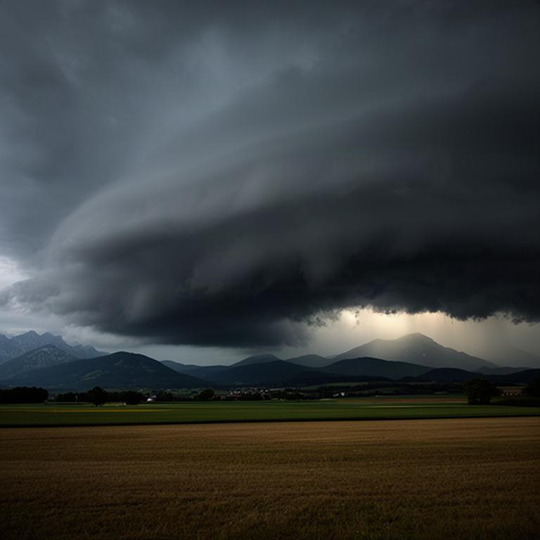 Dunkle Wetterfront nähert sich über einem weiten Feld am Rand des steirischen Alpenvorlands