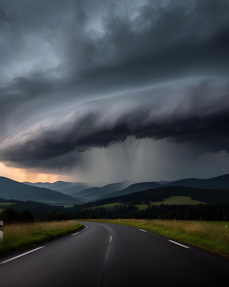 Aufziehende Gewitterwolken über einer Straße am steirischen Alpenrand