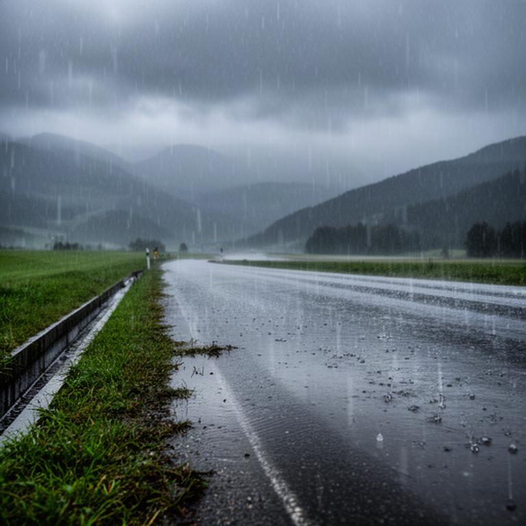 Starker Regen fällt auf eine Straße in der Weststeiermark, Wasser sammelt sich am Straßenrand