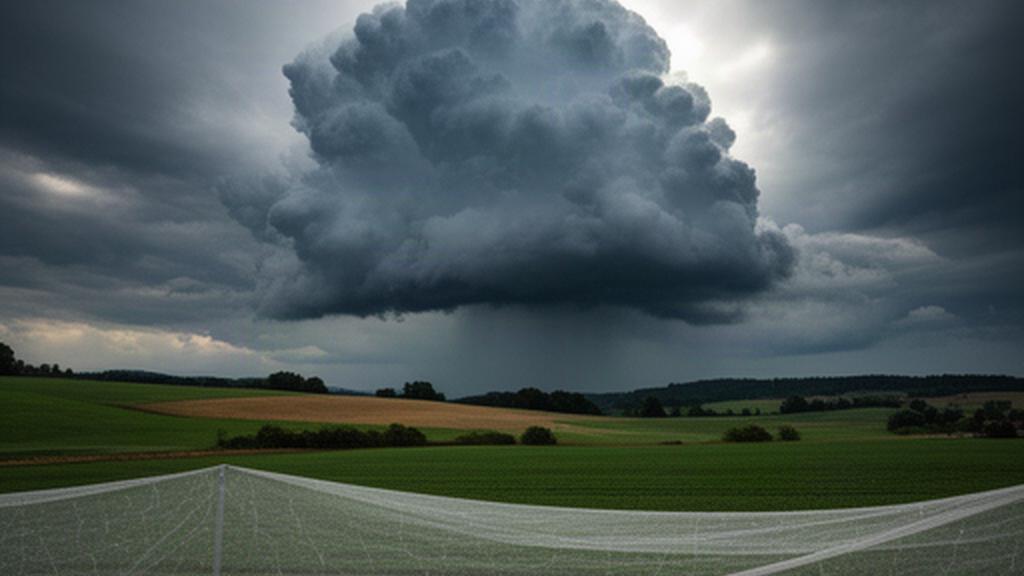 Kompakte Schauerwolke über einem Feld in der Weststeiermark, im Vordergrund ist ein Hagelschutznetz zu sehen