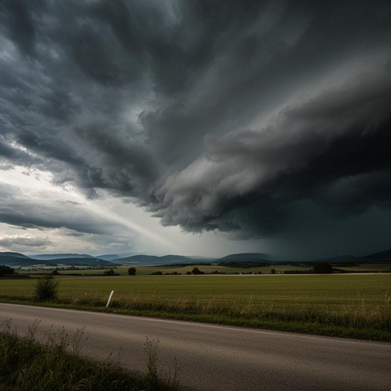 Sturmwolken ziehen über ein offenes steirisches Feld nahe einer Landstraße