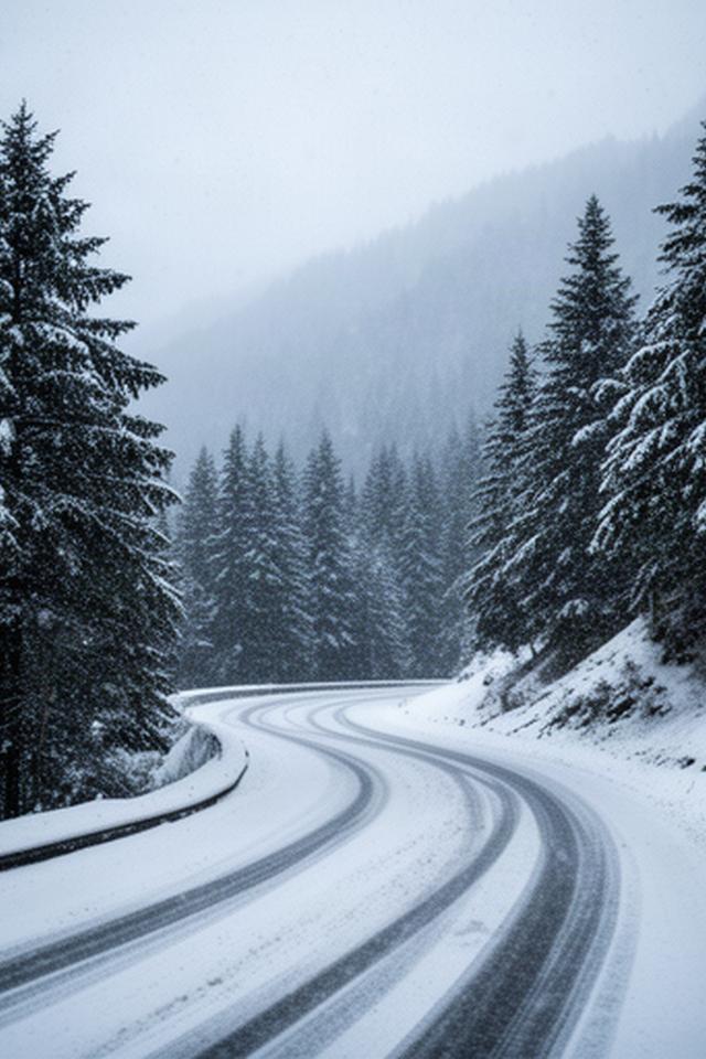 Schneefall auf einer kurvigen Bergstraße, mit schneebedeckten Bäumen am Straßenrand