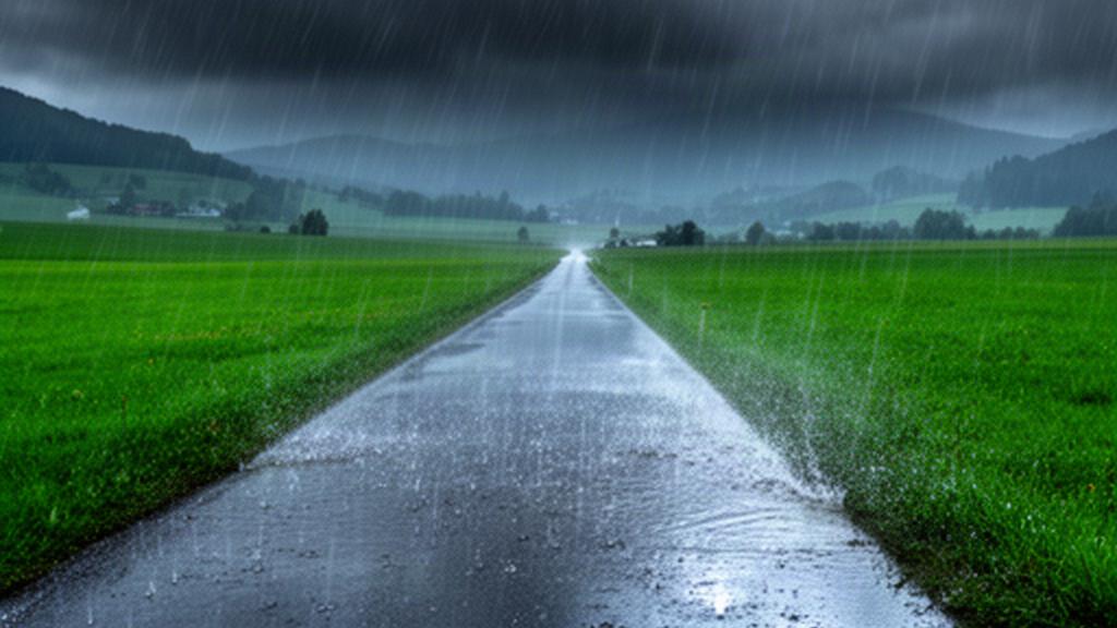 Starker Regen fällt auf eine Landstraße zwischen grünen Wiesen in der Steiermark