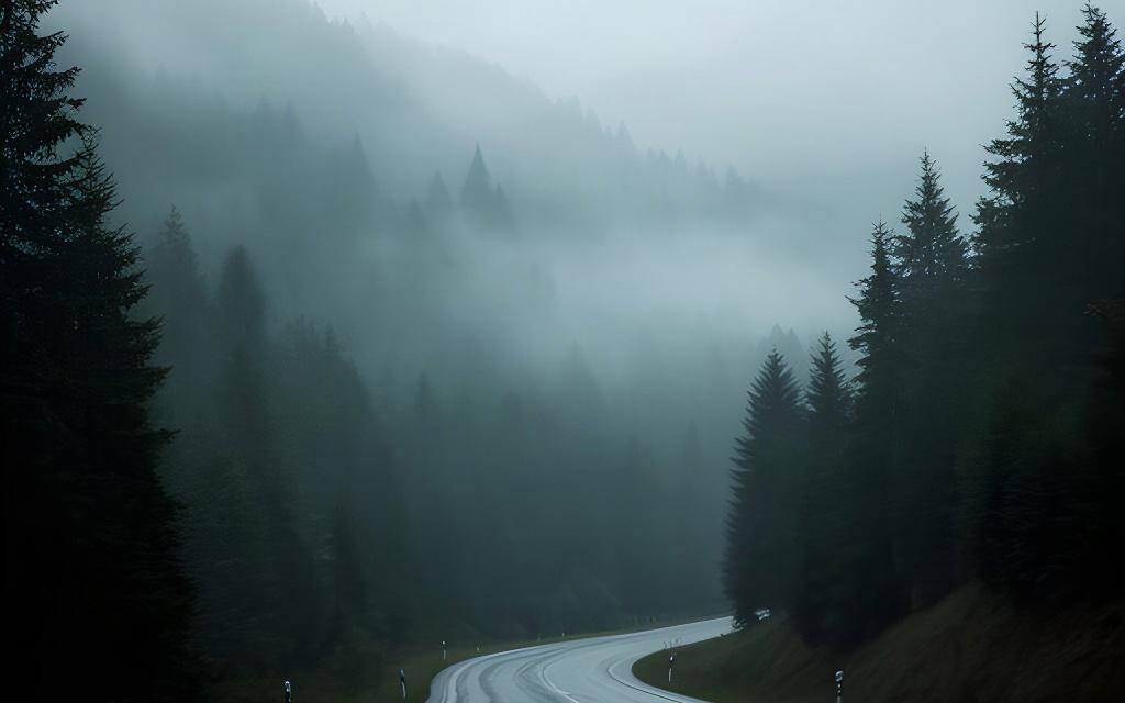 Nebel liegt über einer kurvigen Straße zwischen bewaldeten steirischen Hängen