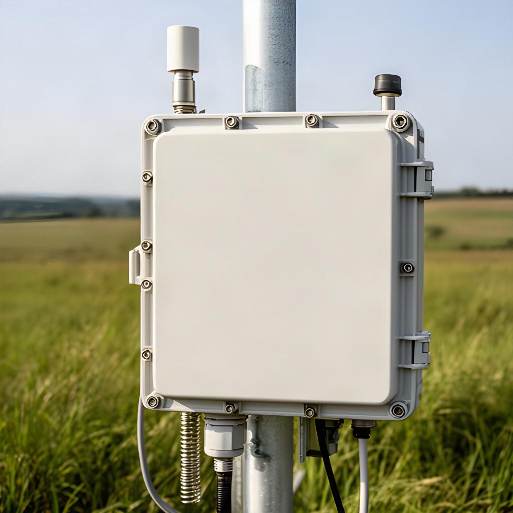 Wetterstation mit wetterfestem Datenloggergehäuse auf einem offenen Messfeld
