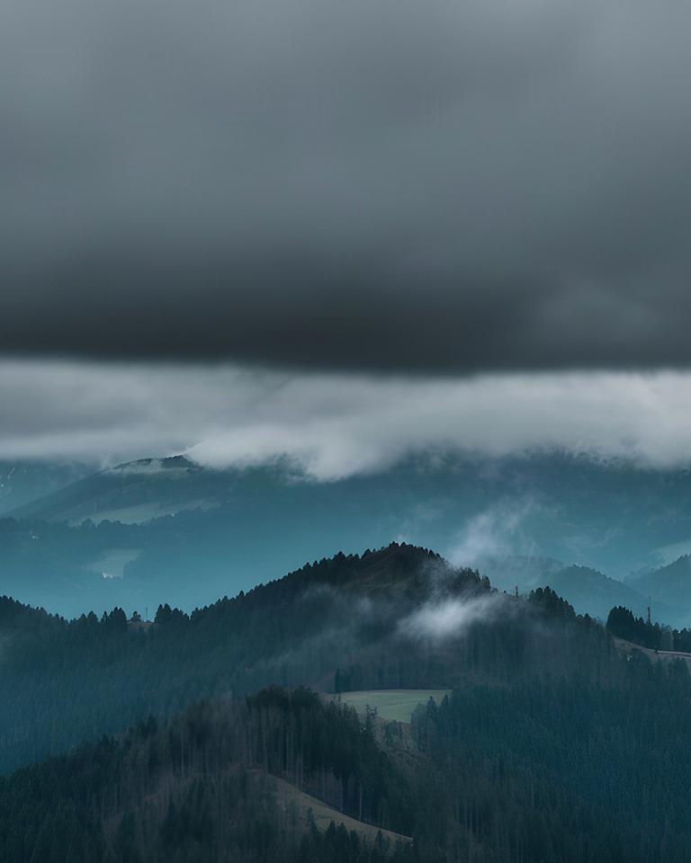 Tief hängende Wolkenbasis über einem bewaldeten Bergrücken am Alpenrand