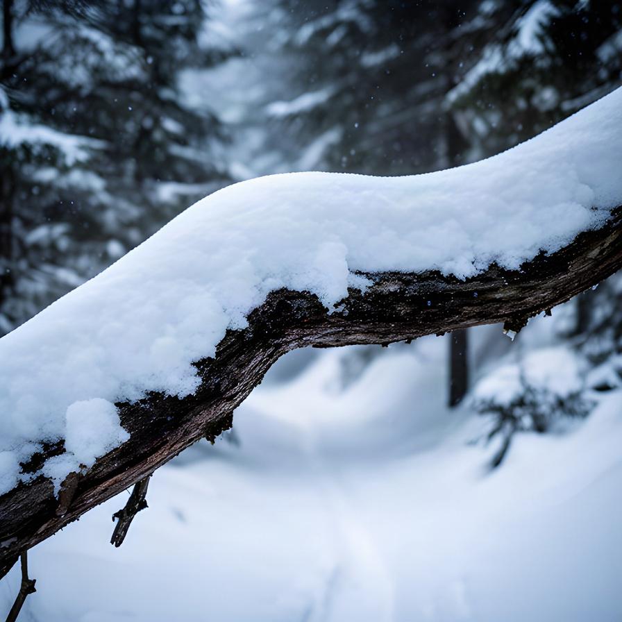 Schneelast liegt auf einem Ast neben einem winterlichen Wanderweg in der Steiermark