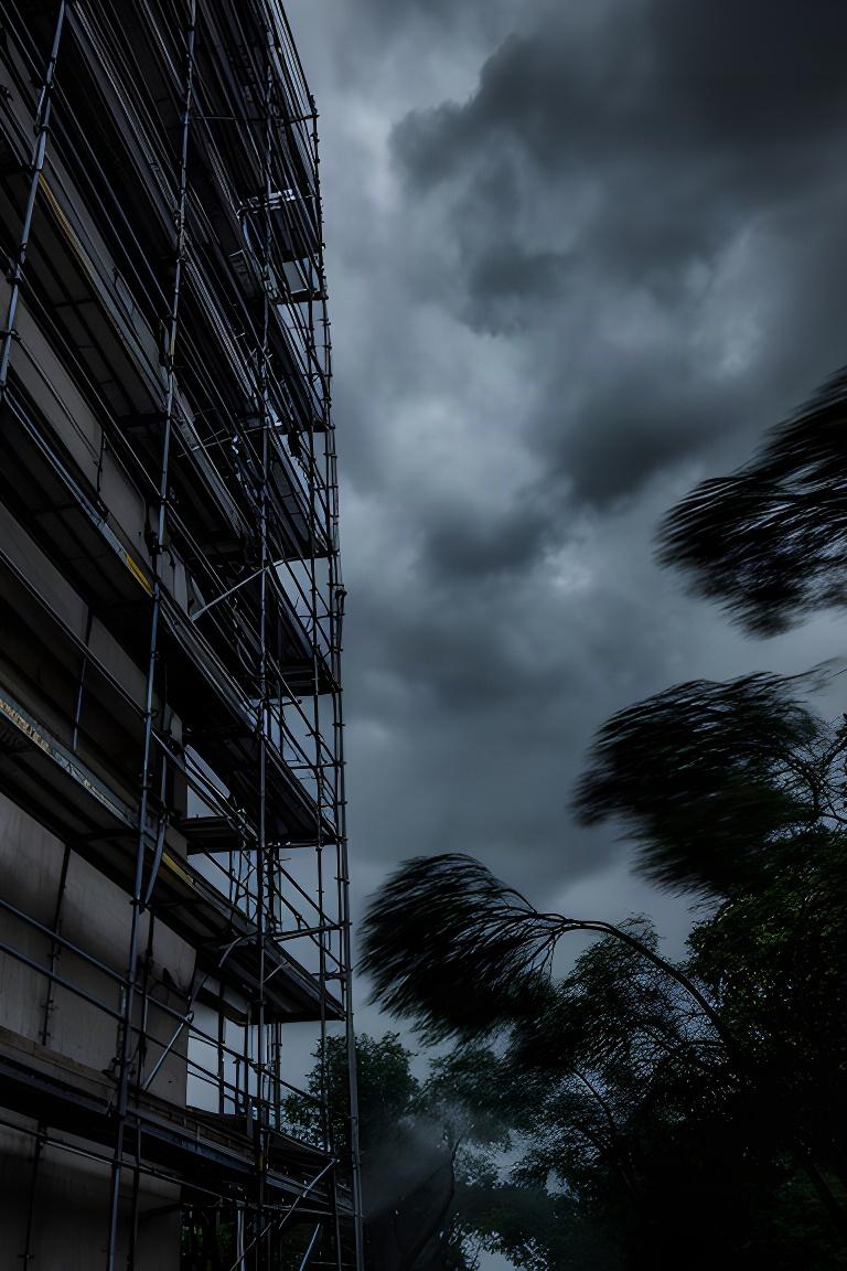 Gerüst an einem mehrstöckigen Gebäude, darüber dunkle Wolken und bewegte Baumkronen