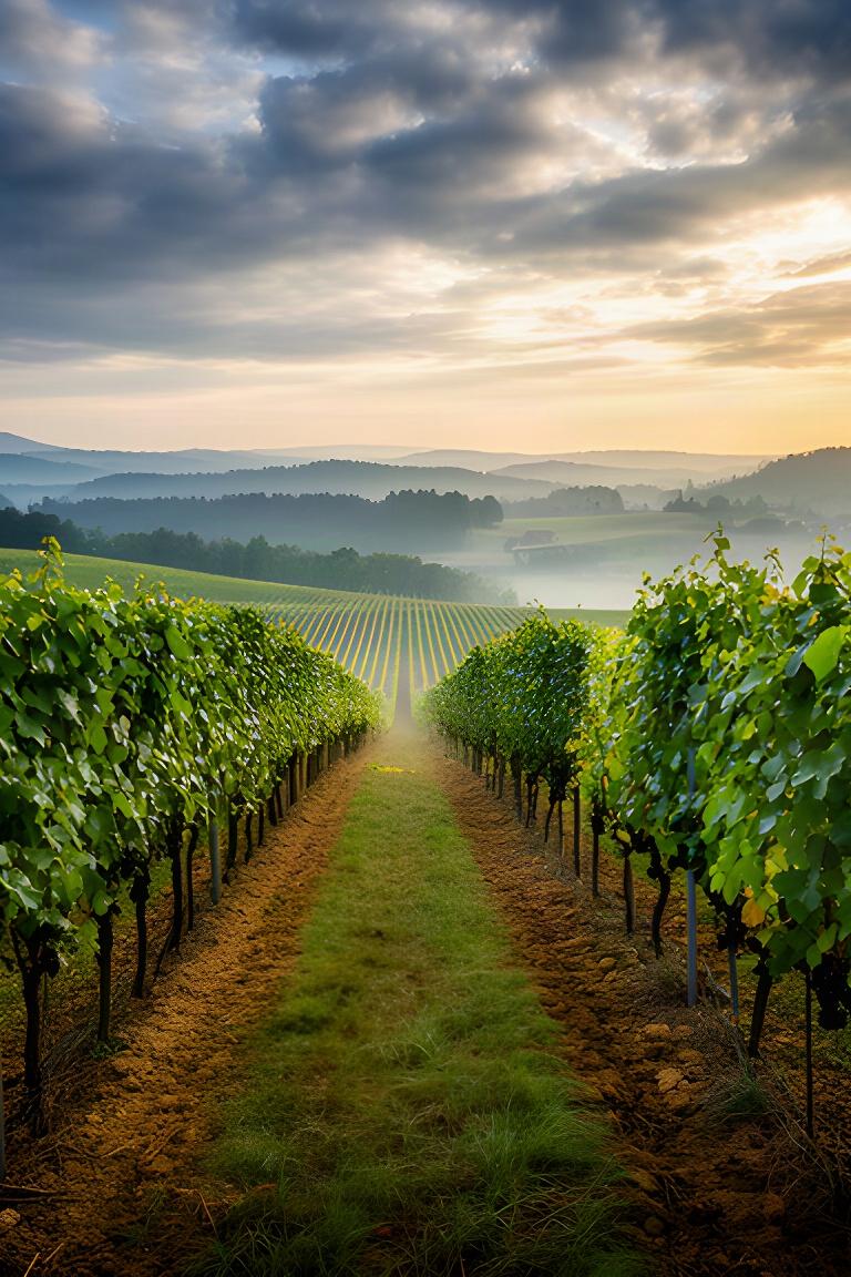 Weinreben in der Weststeiermark im frühen Morgenlicht vor einem bewölkten Himmel