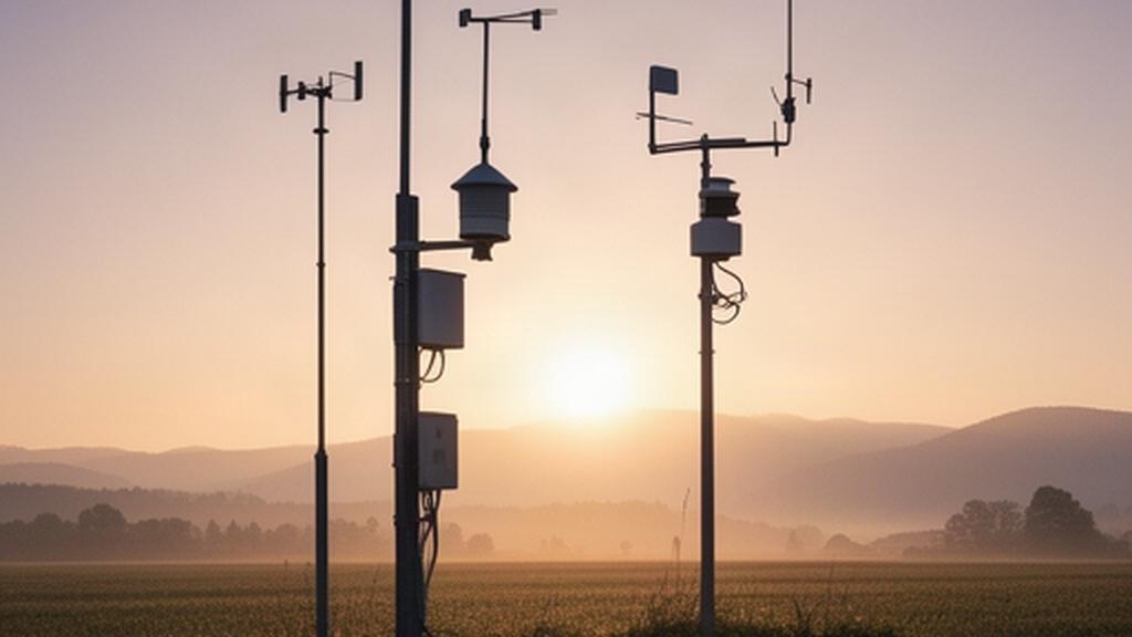 Sonnenaufgang bei einer Wetterstation in der Steiermark, Messgeräte stehen vor dem hellen Horizont