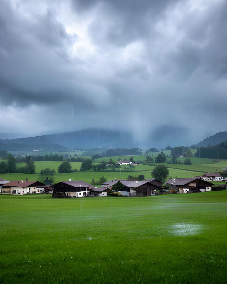 Regenschauer ziehen über grüne Wiesen und kleine Bauernhöfe in der Weststeiermark