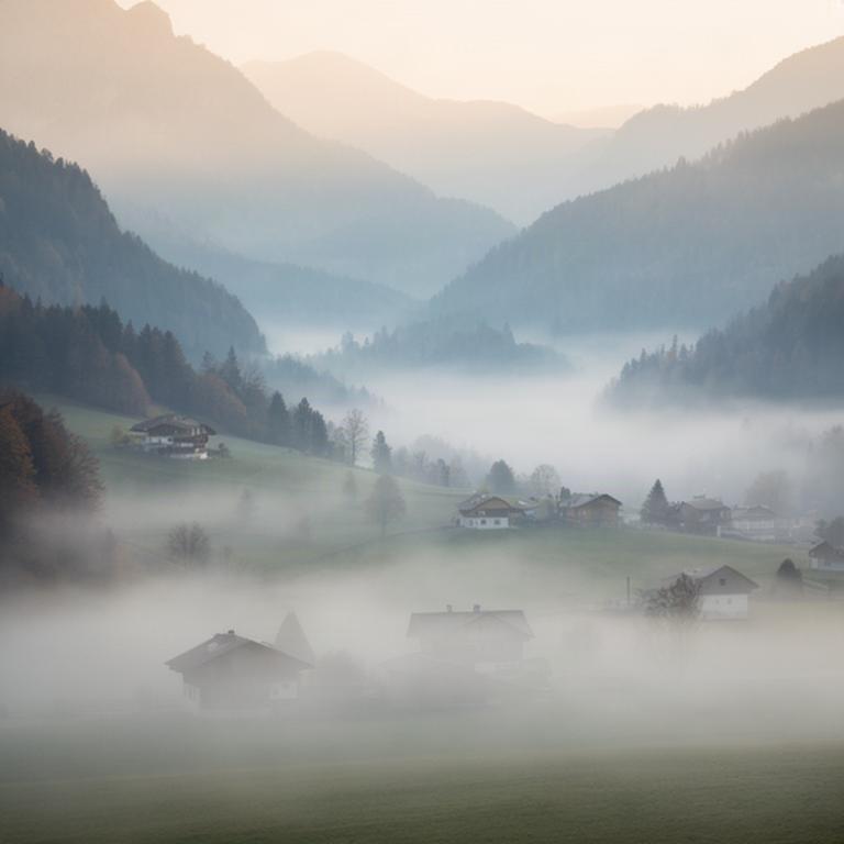 Morgennebel liegt über einem Tal mit verstreuten Höfen und bewaldeten Hängen