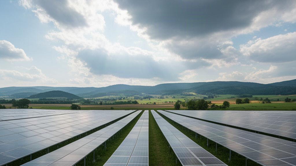 Photovoltaikmodule auf einem steirischen Feld unter wechselnder Bewölkung