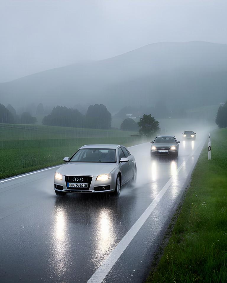 Autos fahren mit Abstand auf einer nassen Landstraße bei starkem Regen in der Weststeiermark