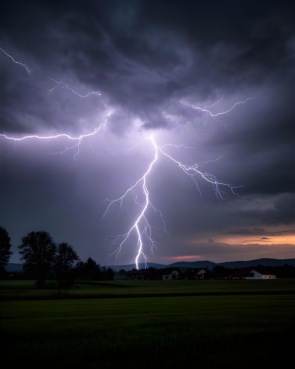 Blitz erhellt in der Dämmerung den Himmel über einer ländlichen Landschaft