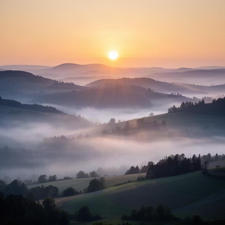 Sonnenaufgang über den Hügeln der Steiermark mit tief liegendem Nebel in den Tälern