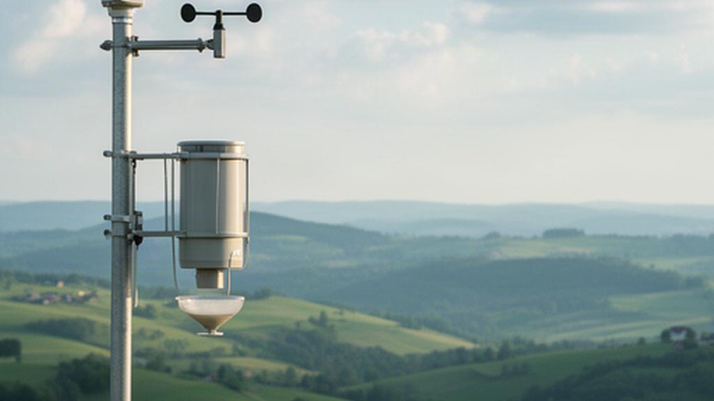 Regenmesser und Windmessgerät auf einer Wetterstation mit Blick auf die steirische Hügellandschaft