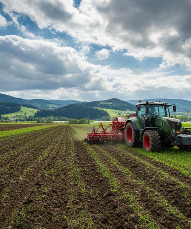 Landwirtschaftliche Feldarbeit auf einem steirischen Acker bei wechselhaftem Wetter