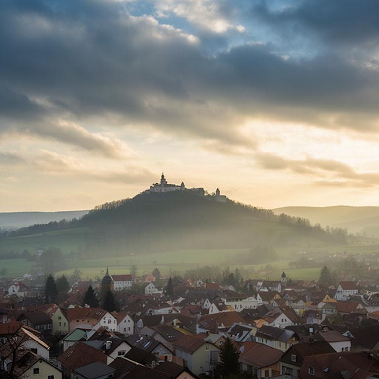 Morgendlicher Blick über Deutschlandsberg mit Schlossberg, bewölktem Himmel und ersten Sonnenstrahlen