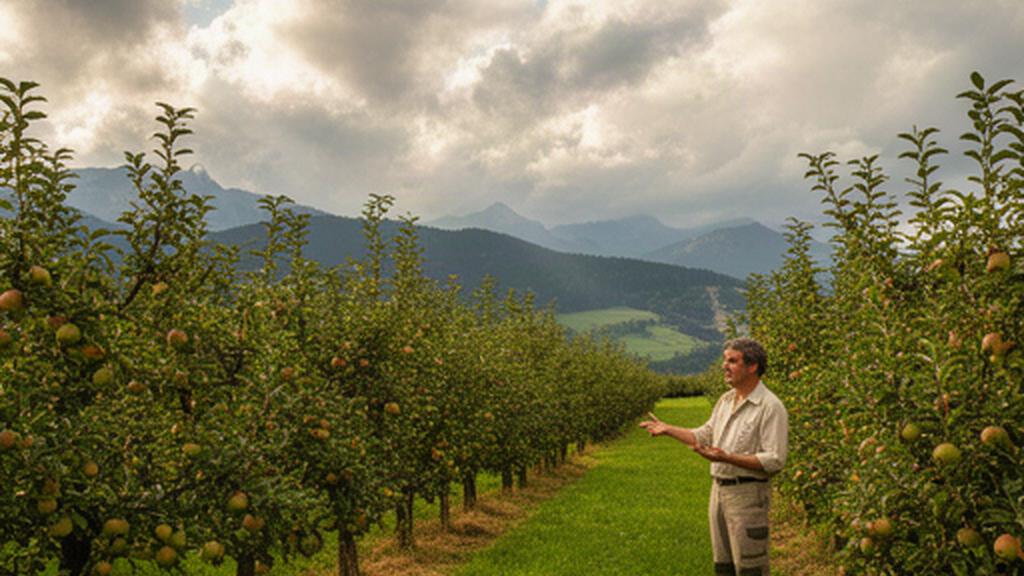 Landwirt kontrolliert eine Obstplantage in der Weststeiermark bei wechselhaftem Wetter