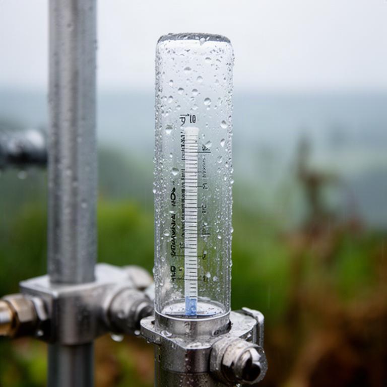 Niederschlagsmesser steht auf einer Wetterstation nach einem kräftigen Regenschauer