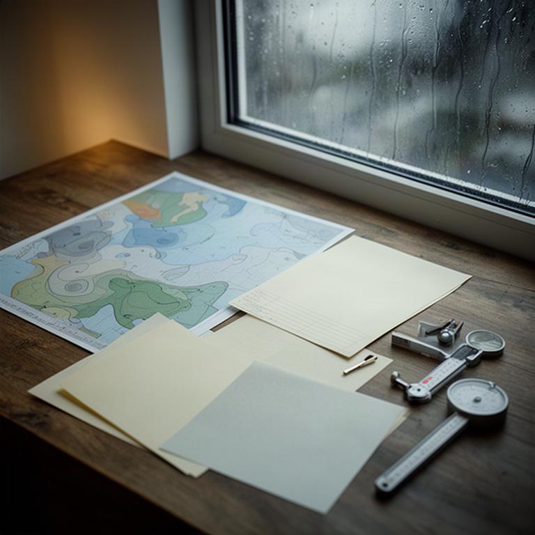 Wetterkarten und Messnotizen liegen auf einem Arbeitstisch neben einem Fenster mit Regen