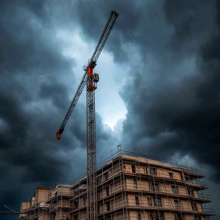 Baukran und eingerüstetes Gebäude unter rasch aufziehenden Gewitterwolken
